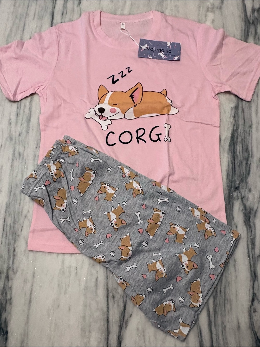 Kids Corgi Pajama Set - Pink Top & Gray Pants